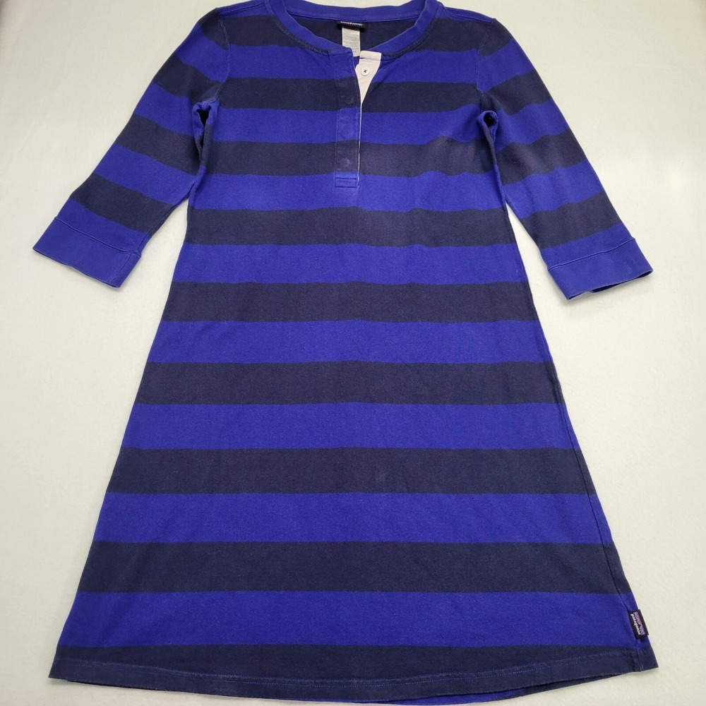 Patagonia Womens Organic Cotton Striped Rugby Henley Dress Blue Navy Medium M
